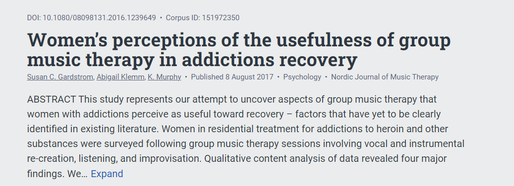 Women’s perceptions of the usefulness of group music therapy in addictions recovery